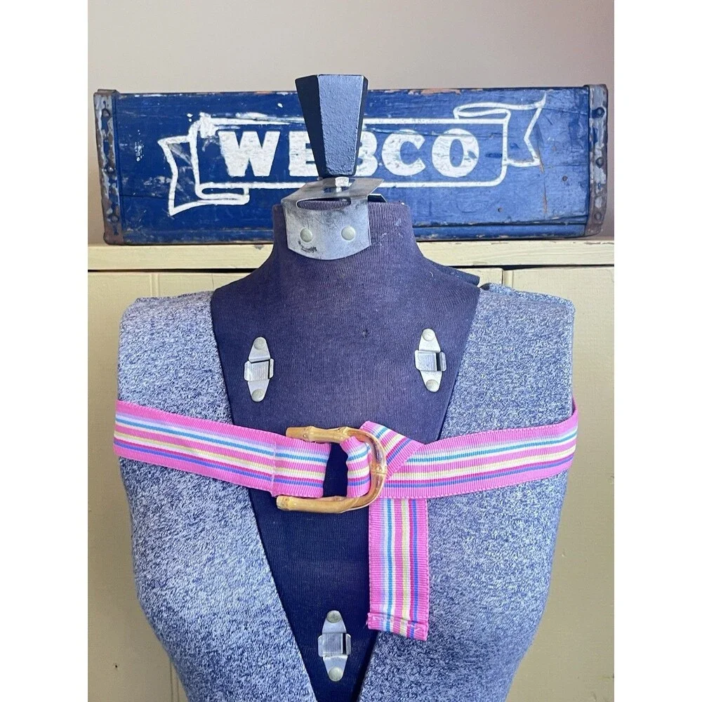 Vintage 1970s Preppy Nautical Pink Rainbow Stripe Belt W/Bamboo Buckle 39”